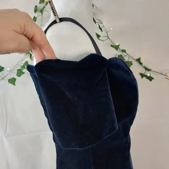 Vintage Gina Bacconi Velvet Dress Off Shoulder Fit & Flare Size 12 Navy Occasion - Picture 12 of 14